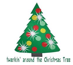 Playful applique Christmas tree with red and yellow ornaments and white starbursts, perfect for festive holiday projects.