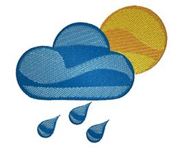 Playful blue cloud with wavy patterns, bright yellow sun, and blue raindrops in cheerful scene.
