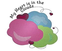 Playful clouds in pink, blue, and green with red hearts and text 'My Heart is in the Clouds' in cheerful embroidery.