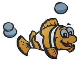 Cartoon clownfish in vibrant orange and white colors with large expressive eyes, surrounded by lively blue bubbles.