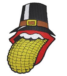 Playful stylized mouth with a vibrant corn cob and Pilgrim's black hat, perfect for Thanksgiving decor.