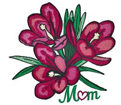 Vibrant pink crocuses with detailed petals and lush green leaves, featuring playful 'Mom' text for Mother's Day.