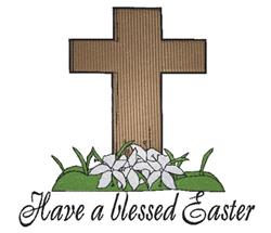 Colorful cross with white lilies and green grass for Easter, featuring 'Have a blessed Easter' text.