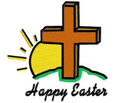 Colorful cross on green grass with a yellow sun rising behind. Cheerful 'Happy Easter' text adds warmth. Perfect for festive