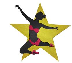 Dancer silhouette in a dynamic pose against a vibrant yellow star, accented with bright pink details, perfect for performance