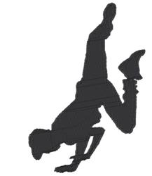 Dancer silhouette in handstand position, bold black design, modern minimalism, perfect for athletic apparel.