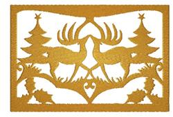 Cutwork deer design in gold with pine trees, hedgehogs, and detailed nature elements for winter decor.