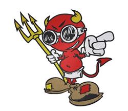 Playful cartoon devil with red body, oversized sunglasses, and trident, perfect for Halloween decor.