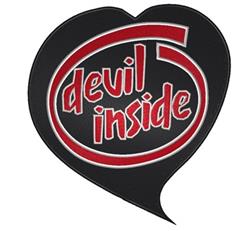 Bold text graphic reading 'devil inside' in red with a white outline on a black background, in a playful speech bubble shape.
