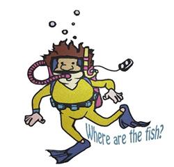 Cartoon diver in bright yellow gear surrounded by bubbles, asking 'Where are the fish?', playful and cheerful.
