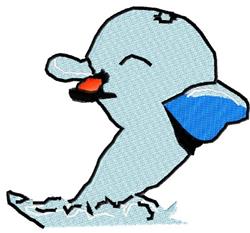 Cartoon dolphin applique in light blue with a red mouth, splashing above stylized waves, cheerful design for kids.
