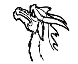 Stylized dragon head in simple black outlines with pointed ears and flowing mane details, suitable for embroidery.