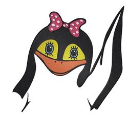 Cartoon duck head with a yellow beak, large eyes, and a polka dot pink bow, creating a playful design.