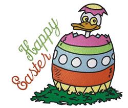 Playful cartoon duck emerging from a vibrant Easter egg, surrounded by lush green grass for Easter celebrations.