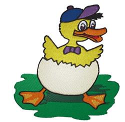 Cheerful cartoon duck with a yellow body, blue cap, and purple bow tie, beside a white egg on green grass, perfect for spring