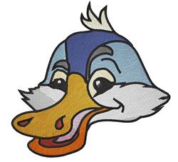 Playful cartoon duck head with bright blue and yellow colors, featuring whimsical details and a friendly expression.