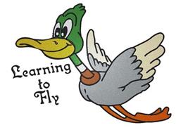Playful duck with a green head and gray body, soaring with wings spread, featuring 'Learning to Fly' text.