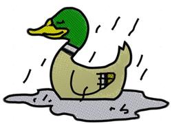 Playful cartoon duck with a green head in a puddle, surrounded by raindrops, perfect for spring-themed embroidery.