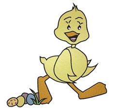 Playful yellow duckling next to colorful eggs on green grass, perfect for an Easter themed applique design.