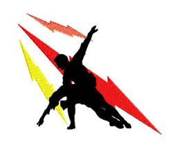 Dynamic silhouette figure in action pose surrounded by red and yellow lightning bolts, creating an energetic scene.
