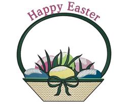 Colorful Easter basket filled with decorated eggs and green grass, featuring 'Happy Easter' text above.