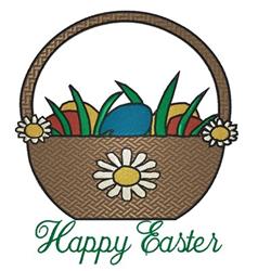 Colorful Easter basket filled with vibrant eggs and green grass, adorned with daisies and 'Happy Easter' text.