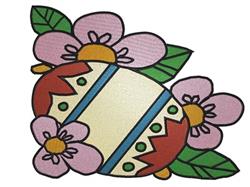 Decorative egg adorned with vibrant stripes and dots, surrounded by soft pink flowers and green leaves for Easter.
