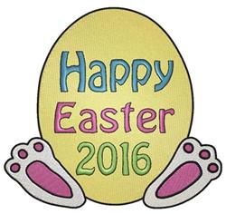 Colorful Easter egg with 'Happy Easter 2016' text and pink, white bunny paws below. Perfect for festive decor.