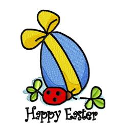 Playful Easter egg design with a large blue egg, yellow ribbon, and a cute red ladybug beside green leaves.