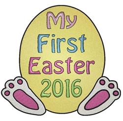 Playful Easter egg with colorful lettering 'My First Easter 2016' and pink rabbit paws beneath. Perfect for kids.