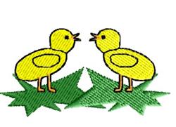 Playful applique Easter yellow chicks with cute expressions, perched on green leaves in a colorful scene.