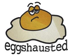 Playful fried egg with a tired expression in shades of yellow and white, featuring the text 'eggshausted' in bold black.