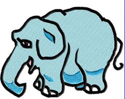 Cartoon elephant with a light blue body and dark accents, showcasing large ears in a playful pose, perfect for kids.