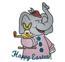 Applique elephant in a pink dress with a rabbit holding a colorful Easter egg, cartoonish and festive.