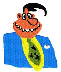 Playful cartoon character with an exaggerated orange face, blue jacket, and green tie. Perfect for kids' items.