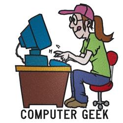Playful cartoon female computer user with a ponytail, green shirt, and pink cap typing on a desktop in a vibrant workspace.