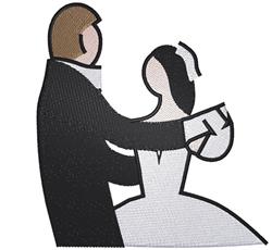 Minimalist depiction of a couple dancing, bride in white gown and groom in black tuxedo, wedding theme.