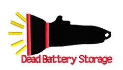Playful black flashlight silhouette with bright yellow beams and bold red 'Dead Battery Storage' text.