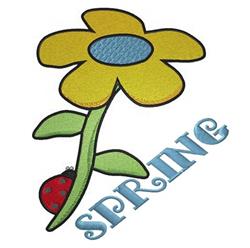 Playful flower with a blue center, yellow petals, and green stem alongside a red ladybug and blue SPRING text.