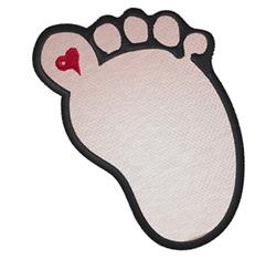 Playful pink foot shape with black outline and a small red heart at the big toe, cheerful and minimalistic.