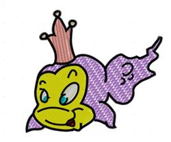 Playful cartoon frog with a pink crown and vibrant yellow face against a ghostly purple form. FSL design.