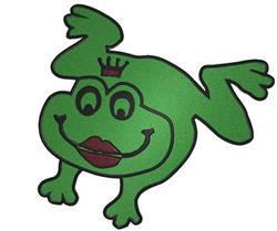 Cartoon green frog with a playful smile and large eyes, wearing a crown. Ideal for children and whimsical decor.