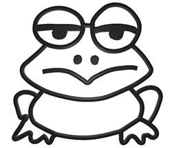 Cartoon frog with black outline and simple expression, designed for playful embroidery on various projects.