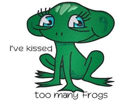 Cartoon green frog with large eyes and playful text 'I've kissed too many frogs', brings humor and cheer.