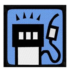 Black fuel pump icon on a soft blue background, featuring minimalistic bold lines, suitable for functional embroidery.