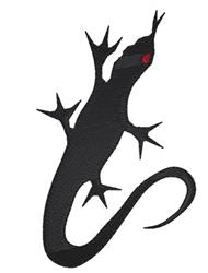 Stylized gecko with a bold black outline and striking red eye, limbs spread in an active pose.