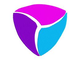 Geometric triangle design in vibrant pink and bright blue, outlined in white. Modern style, minimalistic aesthetic.
