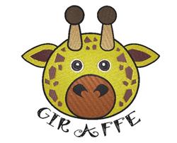 Cartoon giraffe face in bright yellow with brown spots and large eyes, featuring whimsical expression and 'GIRAFFE' text.