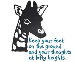 Playful giraffe head with a simple black outline and minimal details, featuring a humorous turquoise phrase below.