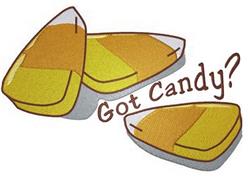 Playful candy corn in yellow and orange with a white tip, paired with brown 'Got Candy?' text for Halloween.